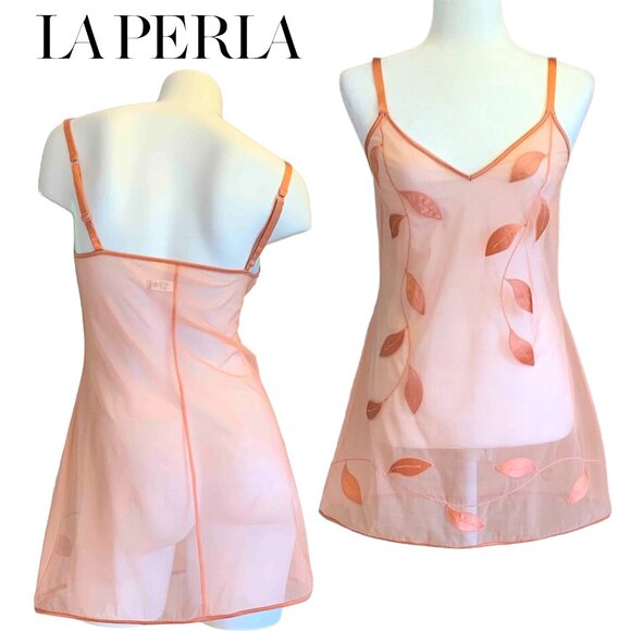 New La Perla sheer peach designer chemise/slip dress w/leaf design size EU 38 - Picture 1 of 10